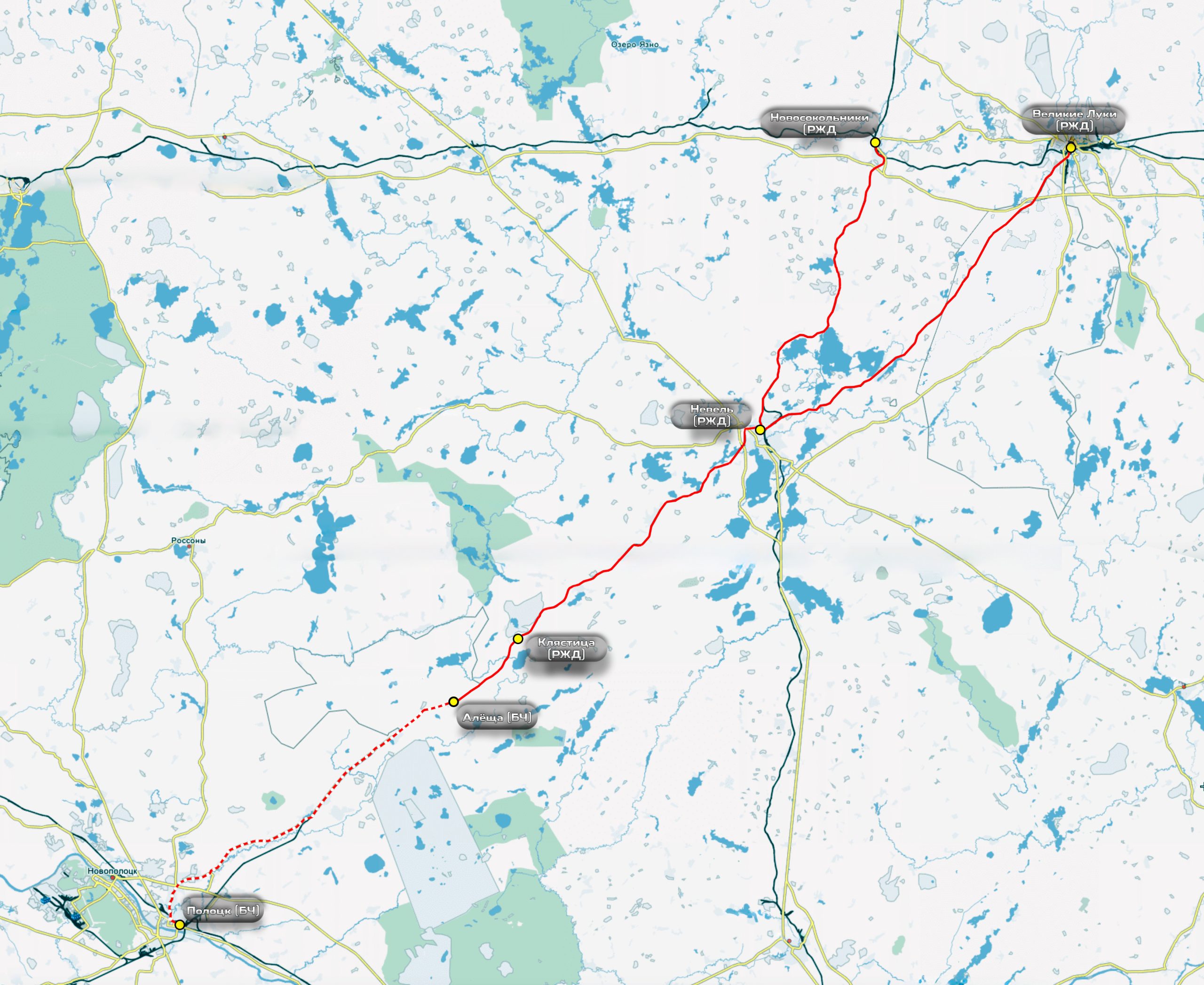 Маршрут планируемого трансграничного пригородного сообщения Россия (Псковская область) - Беларусь (Витебская область)