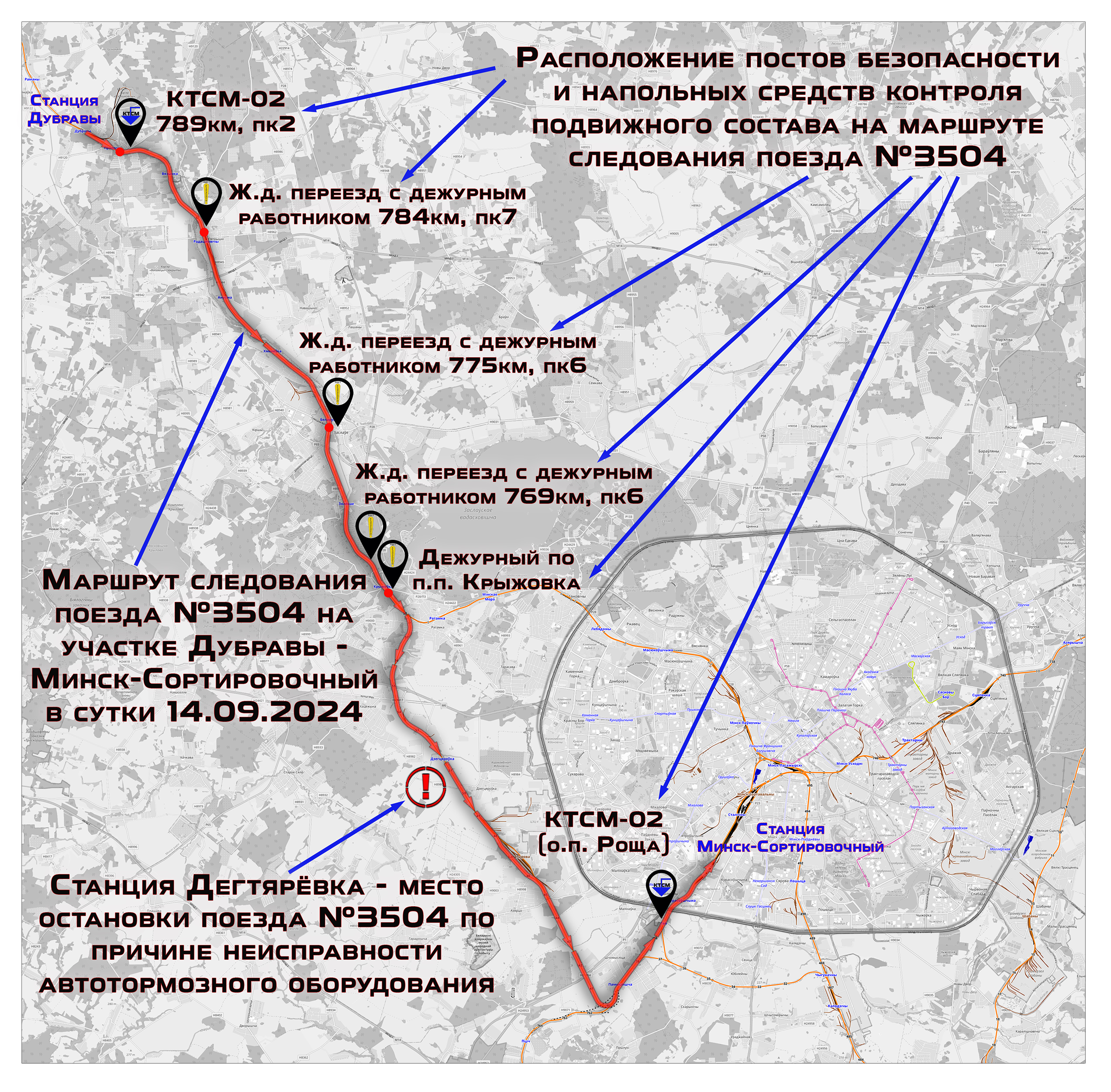 Маршрут следования поезда №3504 в сутки 14.09.2024 с расположением на нём постов безопасности и средств автоматического контроля подвижного состава