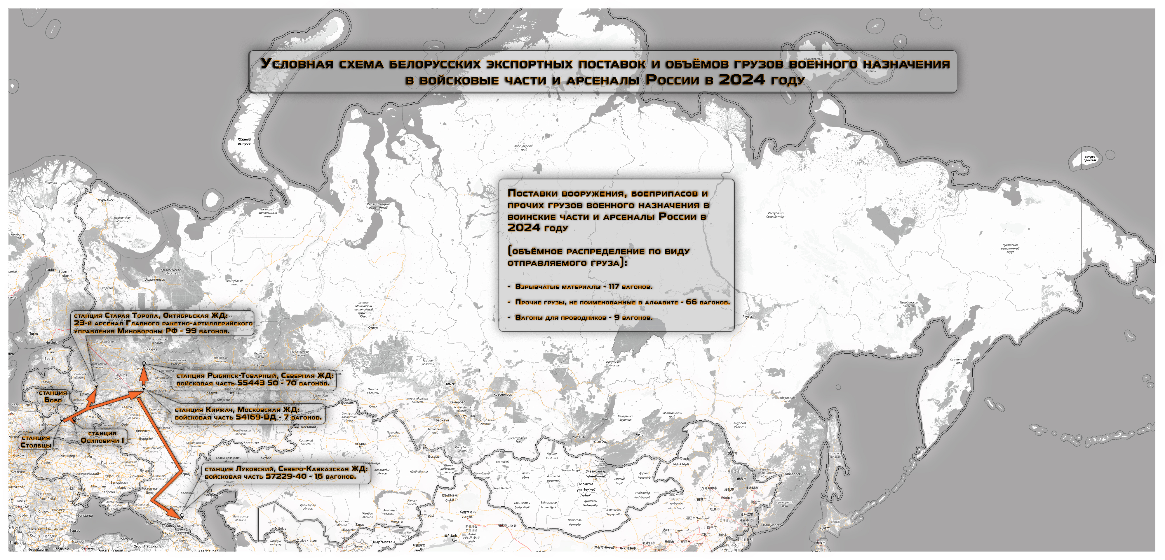 Условная схема белорусских экспортных поставок и объёмов грузов военного назначения в войсковые части и арсеналы России в 2024 году